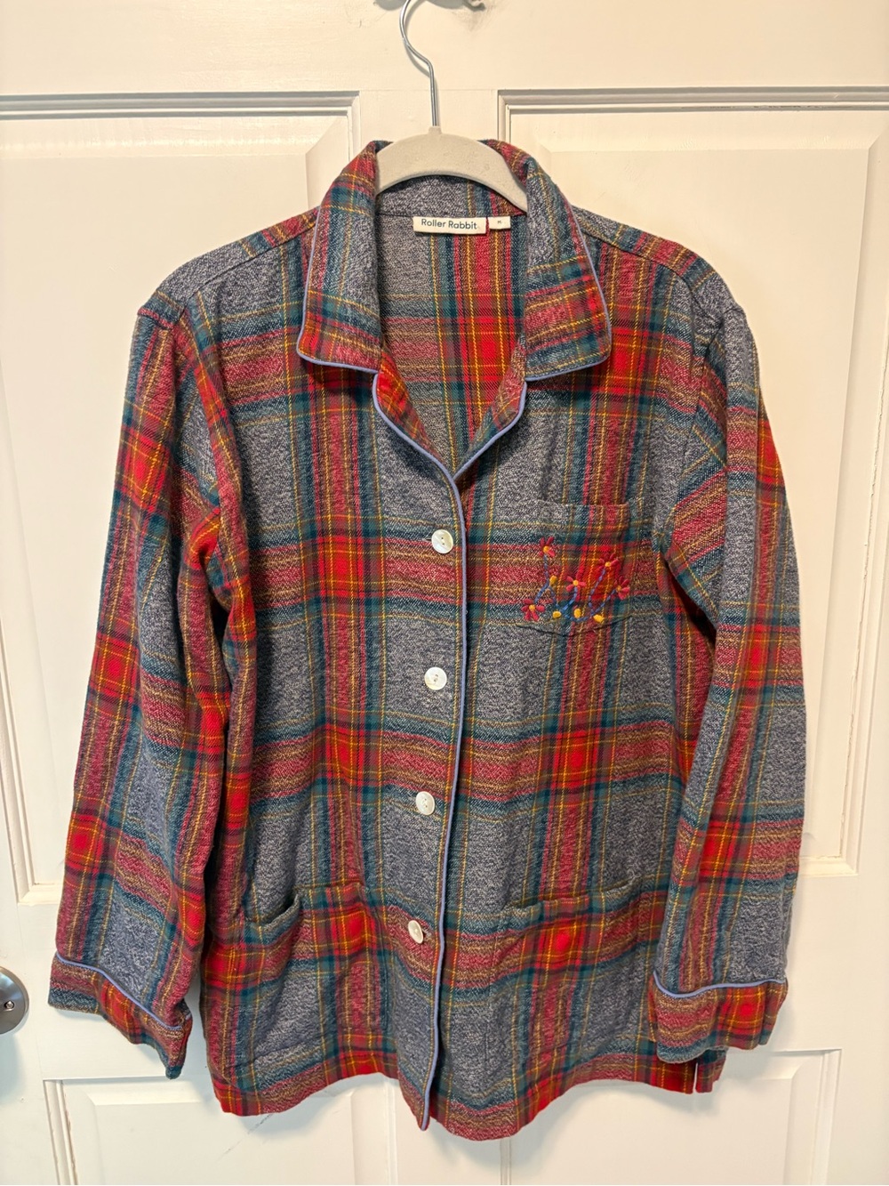 Roller Rabbit cotton flannel plaid gray red pajama top button shirt m medium